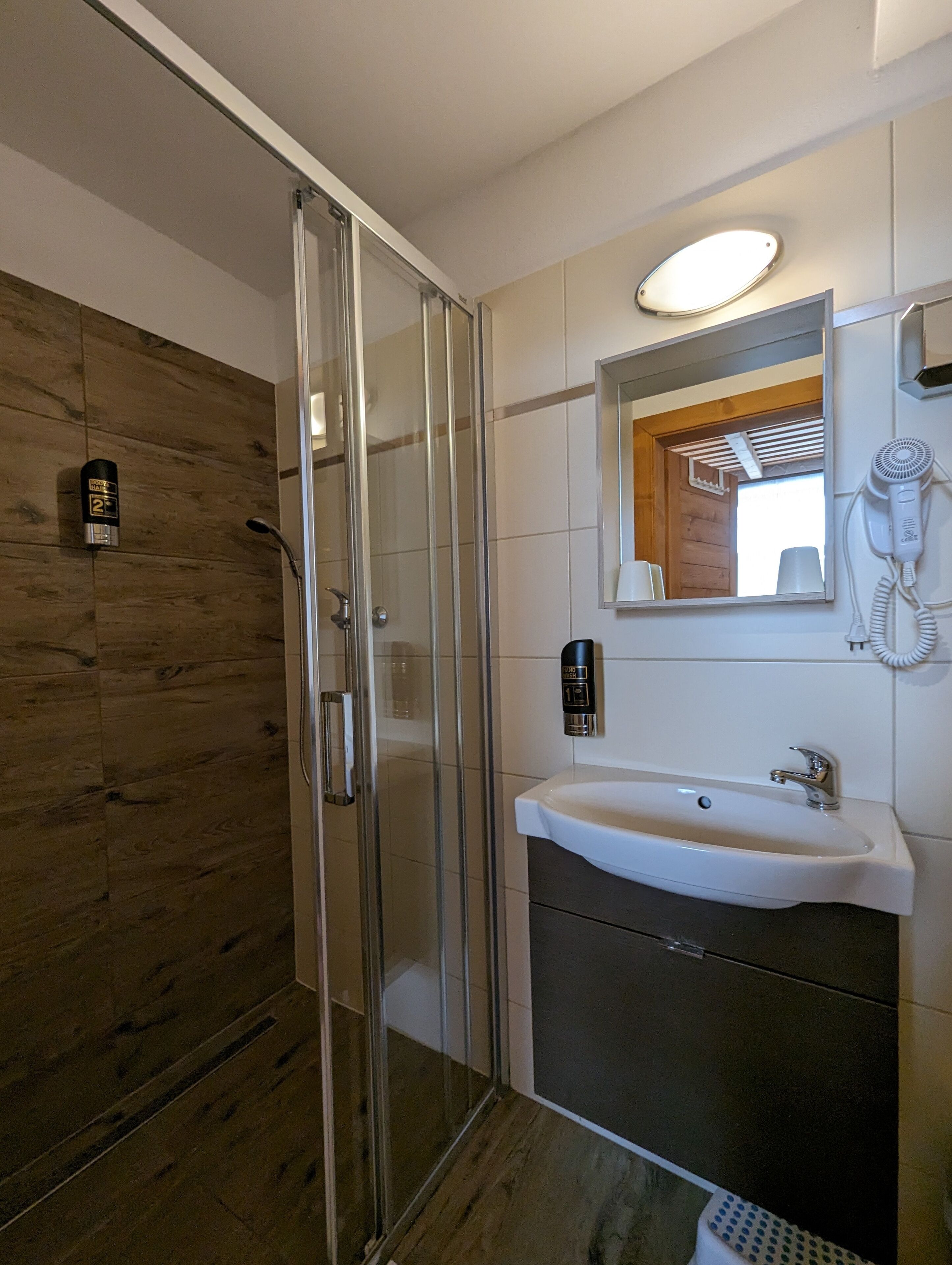 A modern bathroom with a glass shower enclosure, a white sink, and a hairdryer mounted on the wall.