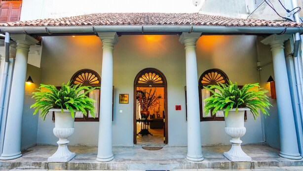 Una entrada de edificio con tejado de azulejos, dos plantas grandes en macetas y una puerta con un ventanal de arco.