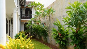 Un patio con un pequeño césped, diversas plantas y un edificio con balcón.