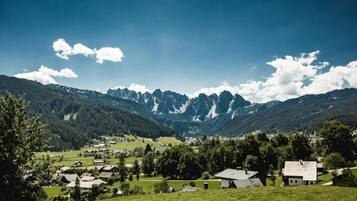 A rural village with houses and a mountain backdrop.