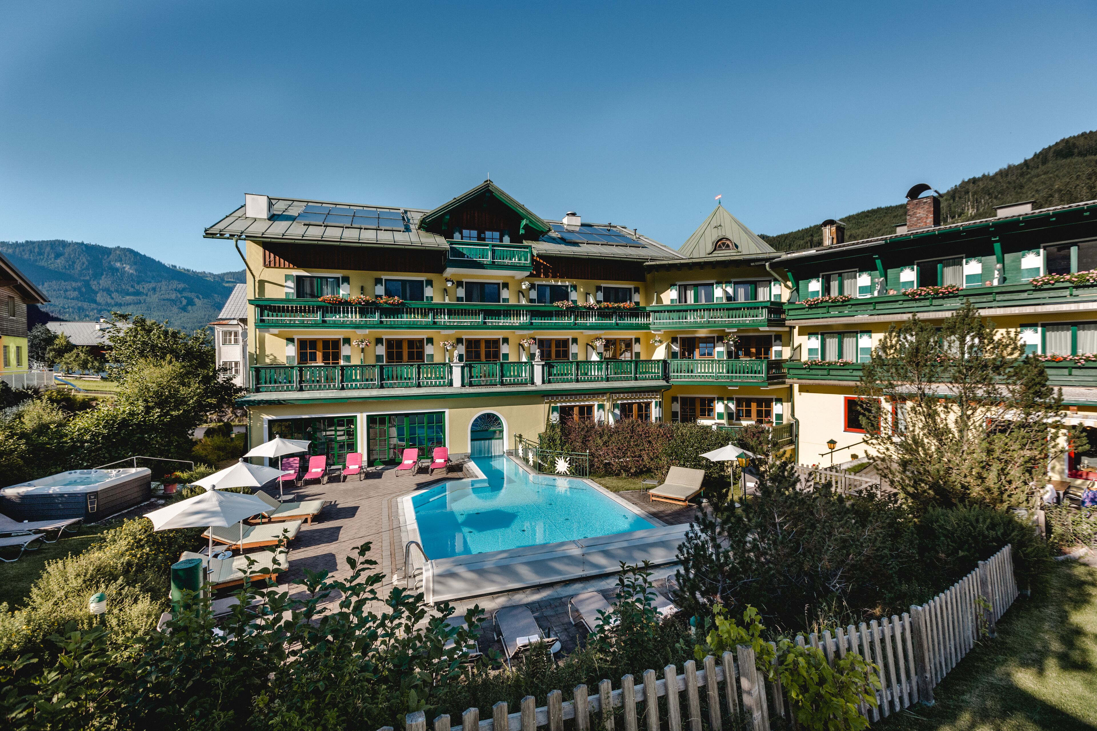 outdoor pool, pool umbrellas, pool loungers