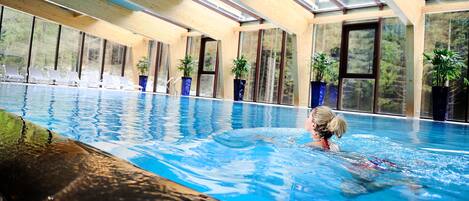 Una piscina interior con paredes de vidrio transparente, vigas de madera y plantas en macetas.