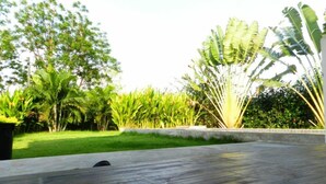 Una terraza de madera con césped y plantas tropicales.