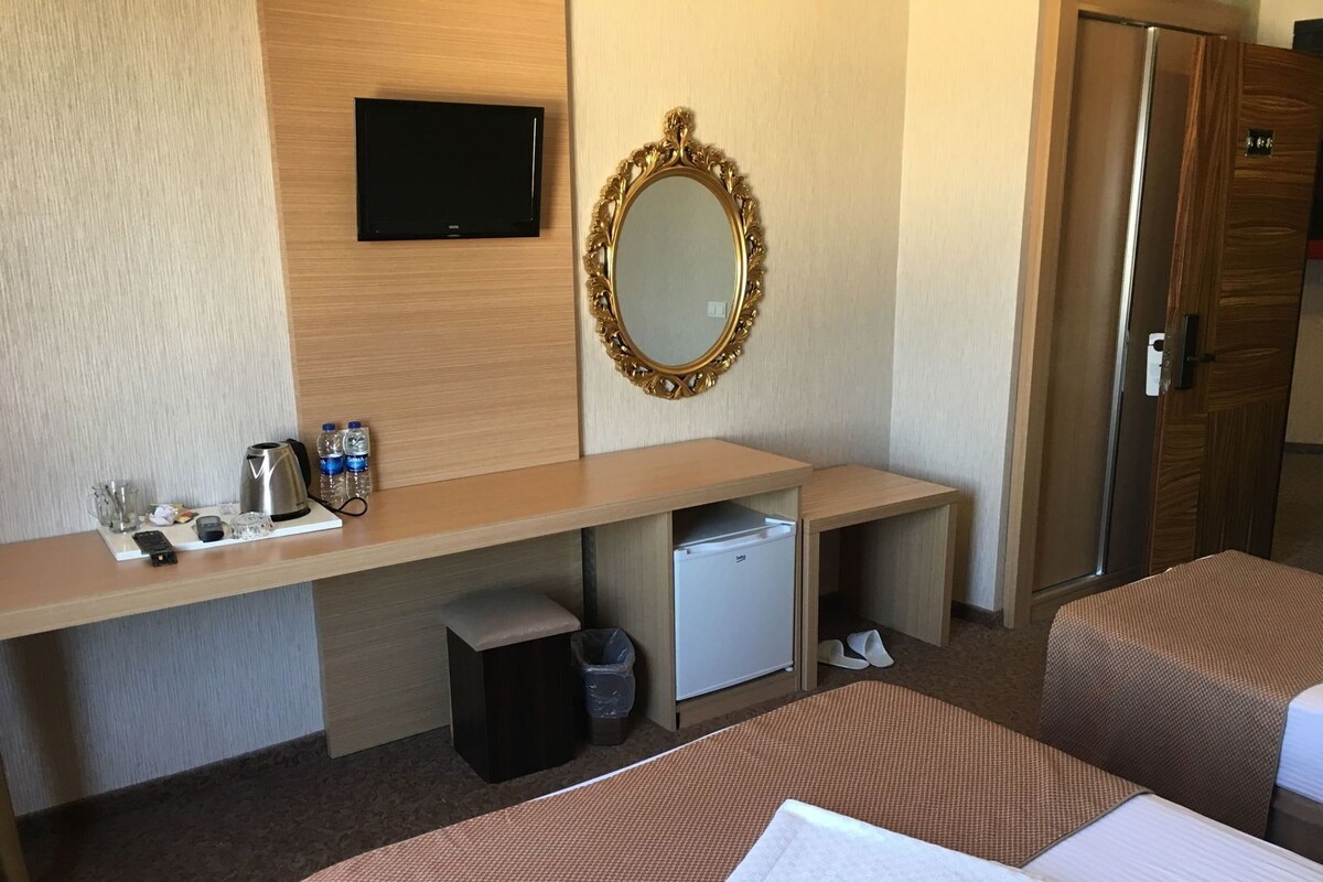 A hotel room with a bed, a desk with a flat-screen TV, a mirror, a small fridge, and a trash bin.