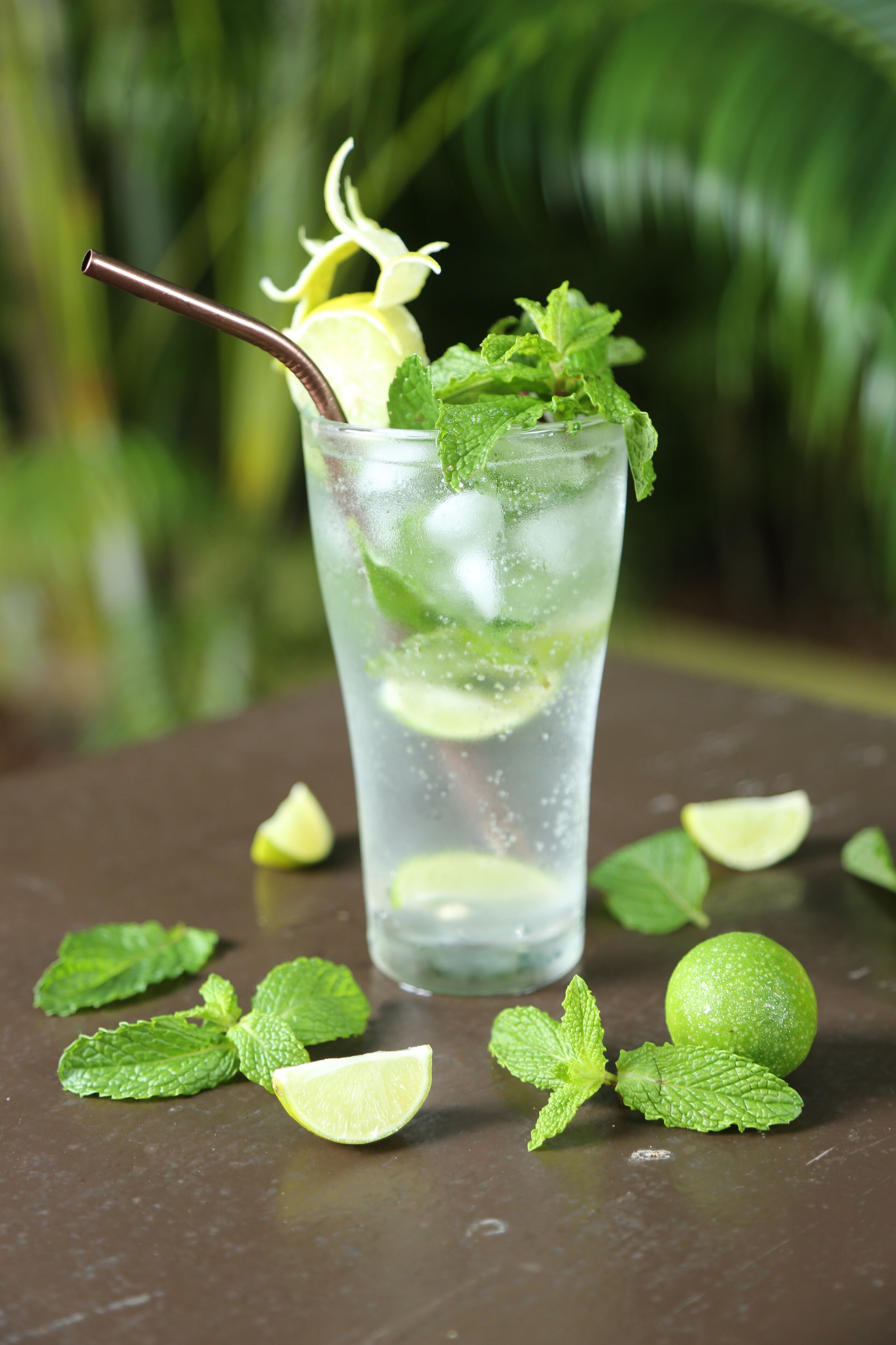 Ein Glas klare Flüssigkeit mit Limettenscheiben und Minzblättern, umgeben von weiteren Limetten und Minze auf einer dunklen Unterlage.