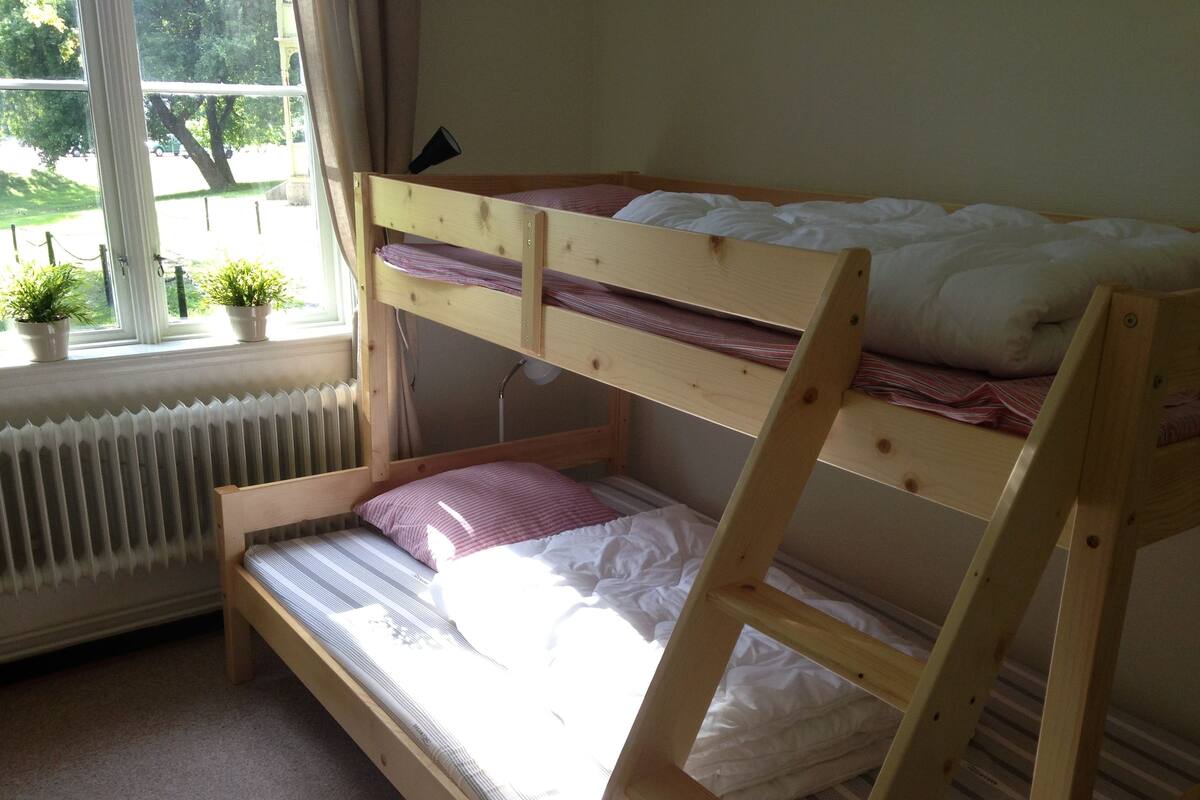 A bunk bed room with a window, radiator, and potted plants.