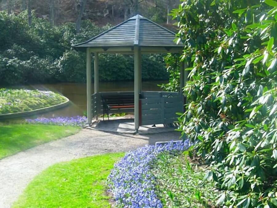 A gazebo with a bench, surrounded by a garden with flowers and a pond.