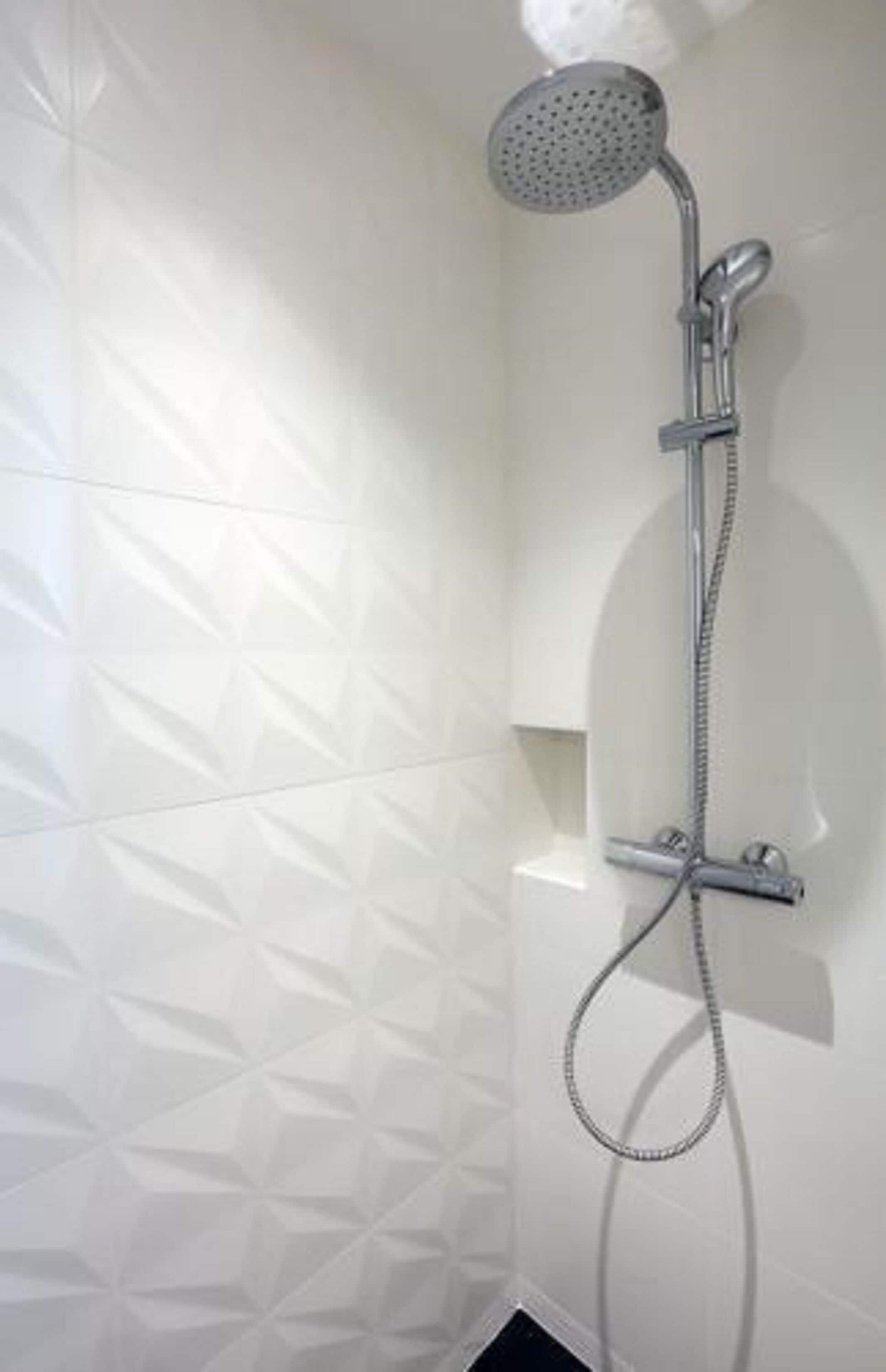 A shower with a handheld showerhead and a wall-mounted faucet.
