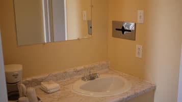 Combined shower/bathtub, free toiletries, hair dryer, towels