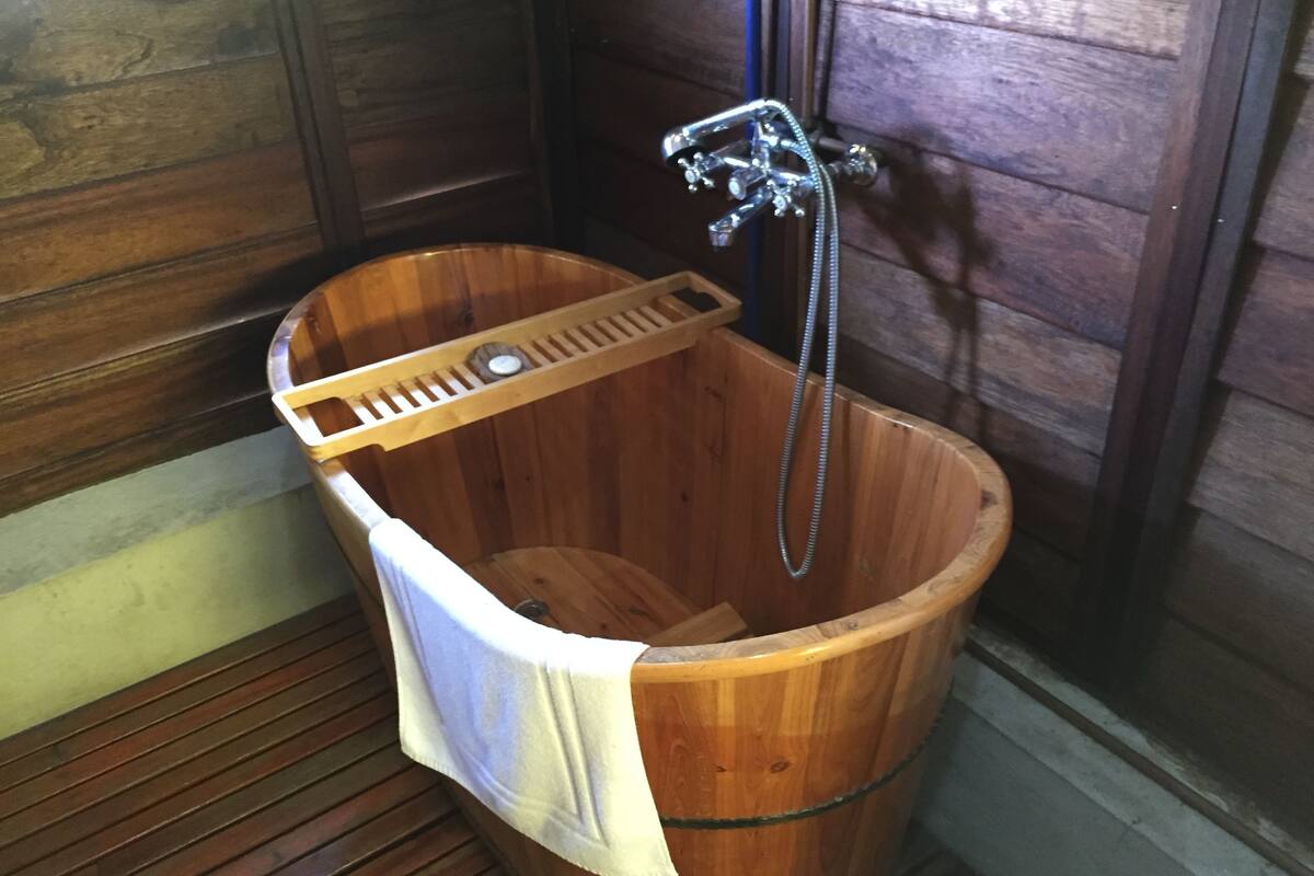 separate bathtub and shower, free toiletries, towels