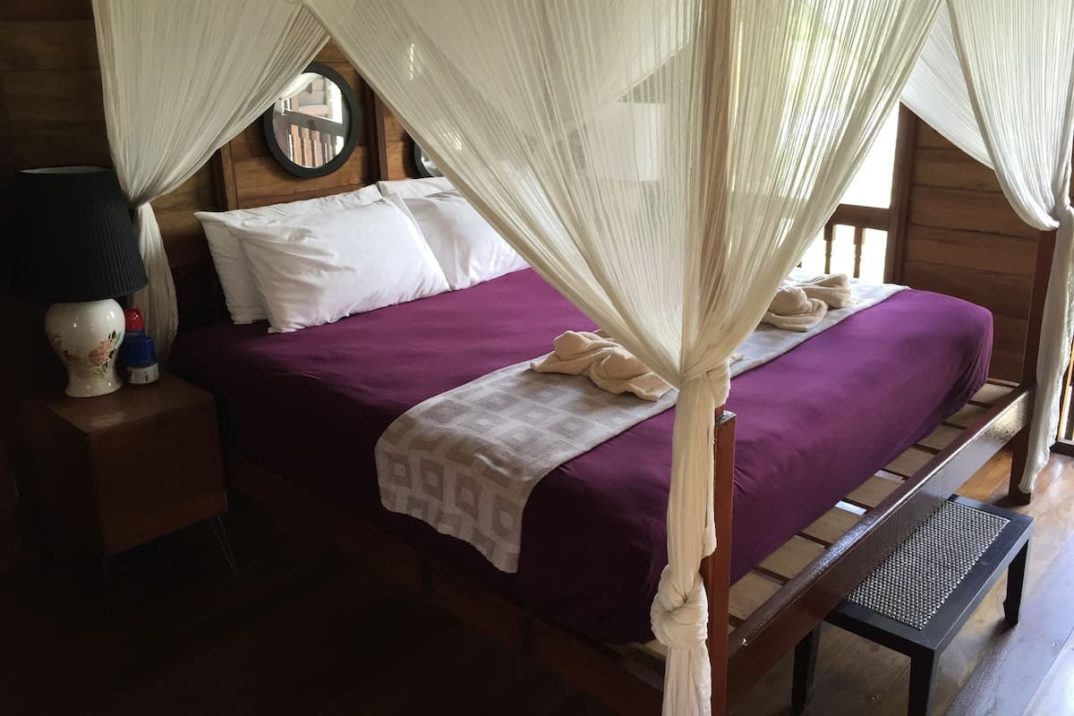 A bed with a purple bedspread, white pillows, and a canopy. There is a nightstand with a lamp and a decorative vase.