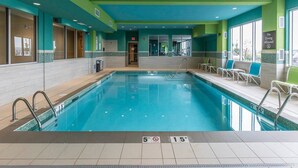 An indoor swimming pool with clear lane markings, a no diving sign, and a view of the outside through large windows. - Comfort Inn & Suites Airport North (Calgary)
