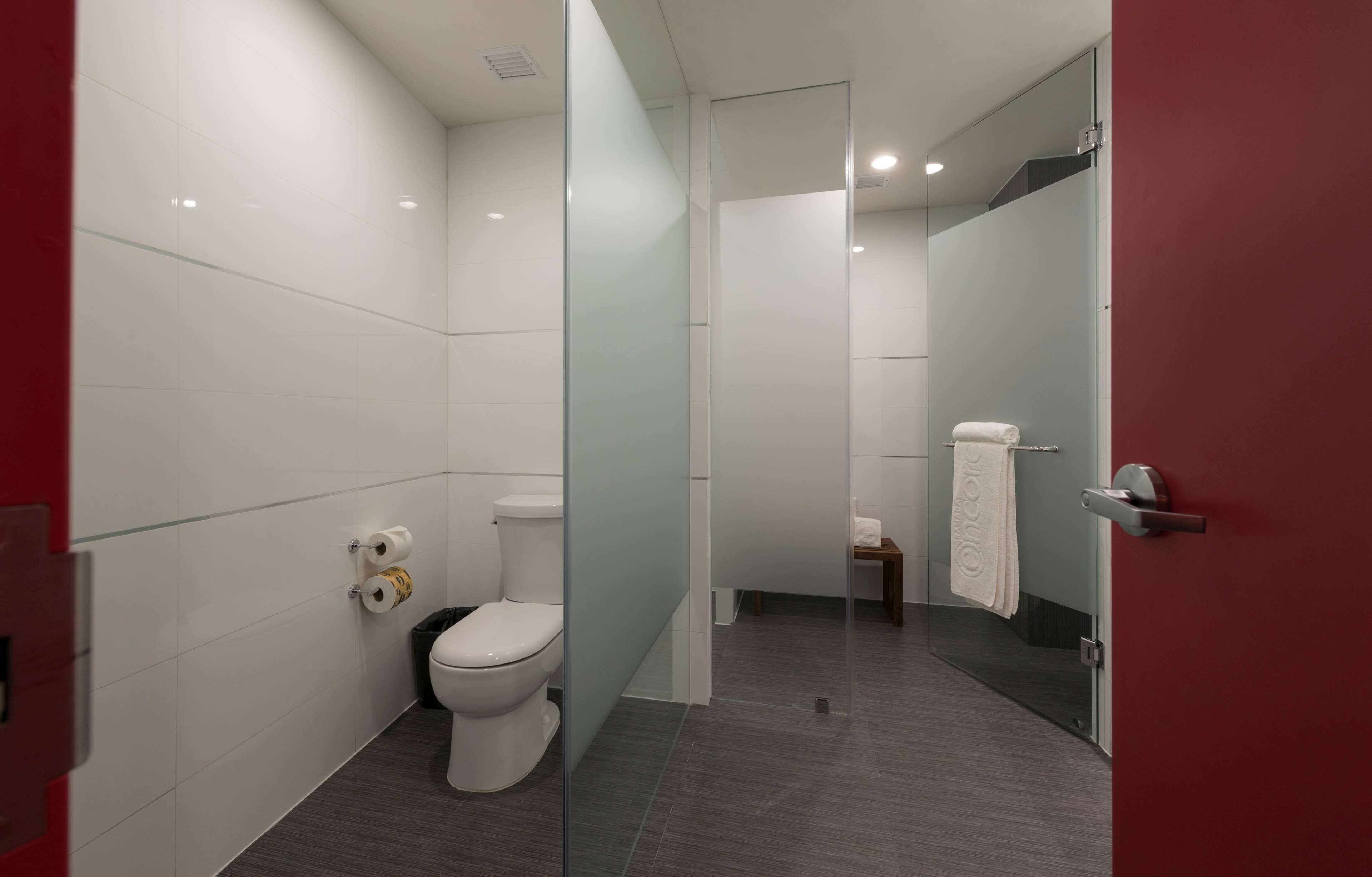A modern bathroom with a toilet, a glass partition, and a red door.