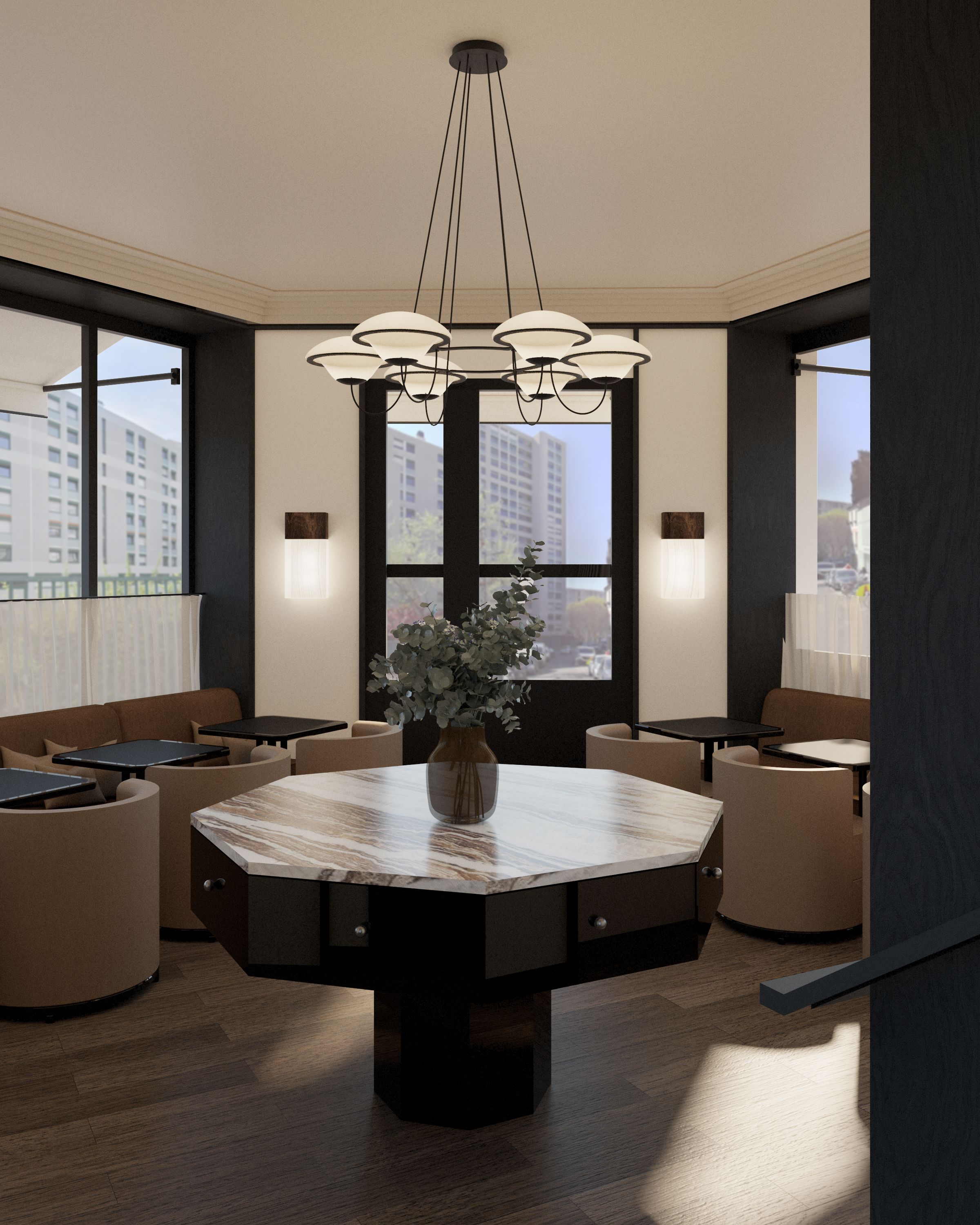 A modern dining area with a marble table, cushioned seating, pendant lighting, and large windows offering city views.