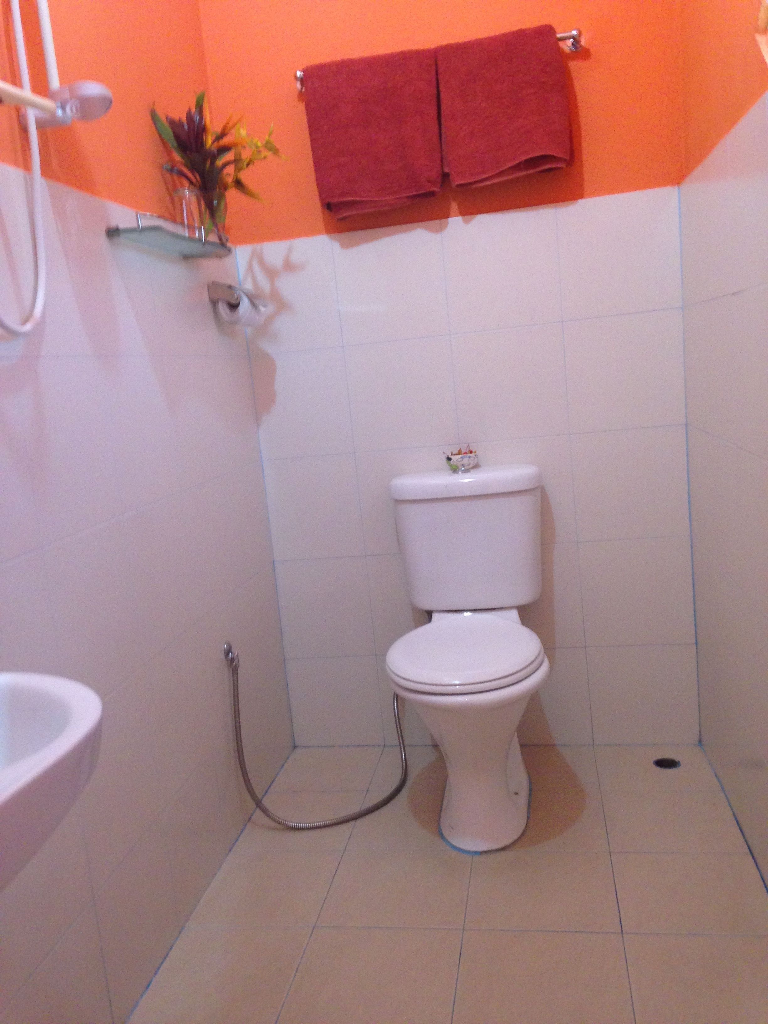 A bathroom with a white toilet, a shower, and a sink. There are two red towels hanging on a rack.