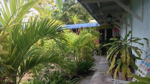 A covered outdoor area with a gravel path, potted plants, and colorful lounge chairs. - The Box Chalet (Langkawi)