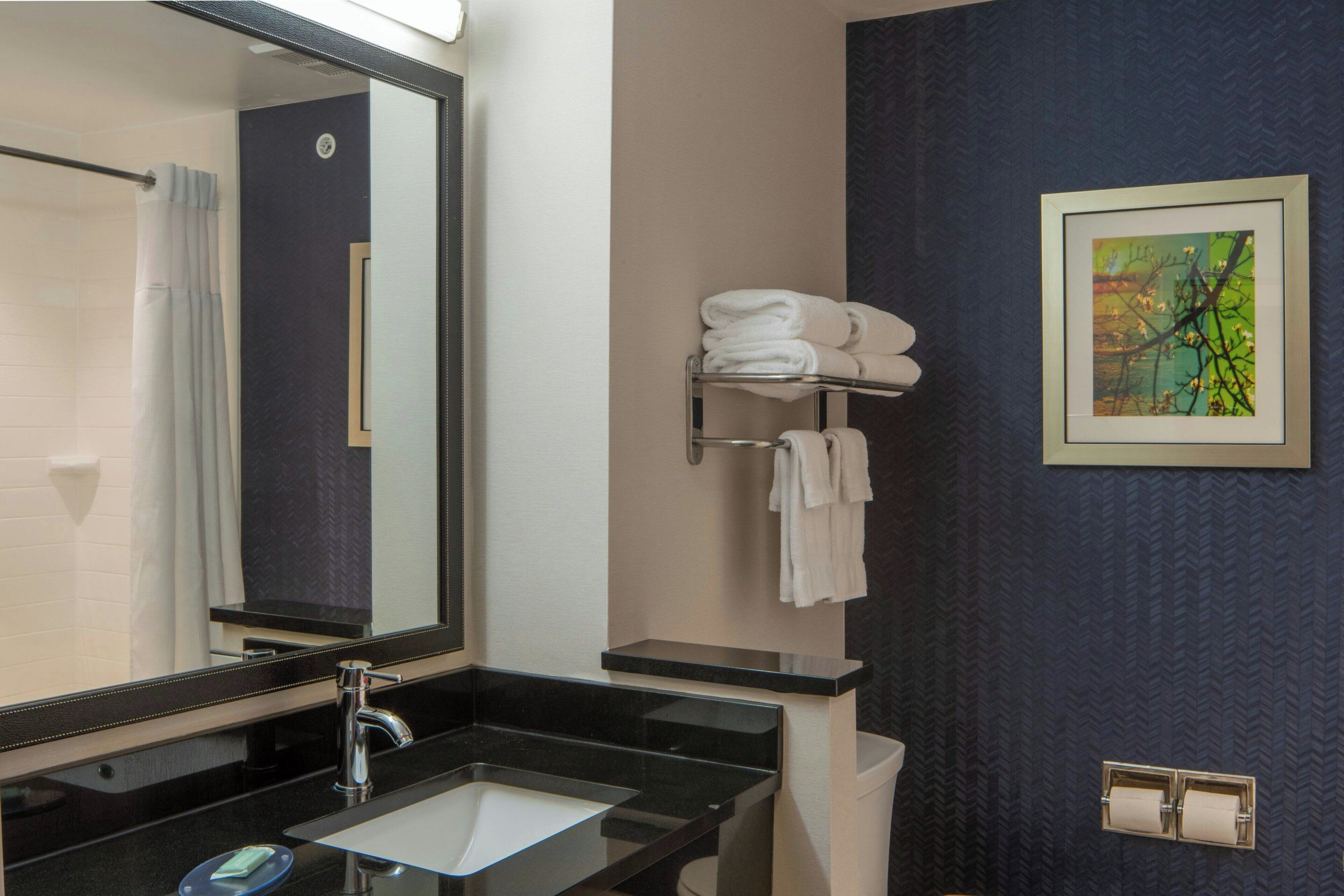A bathroom with a black countertop sink, a mirror, a towel rack, and a framed picture on the wall.