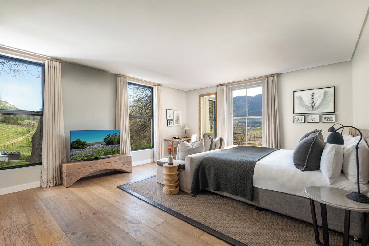 Une chambre moderne avec un grand lit, une télévision et un bureau.