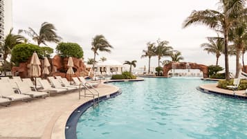 2 outdoor pools, pool umbrellas, pool loungers