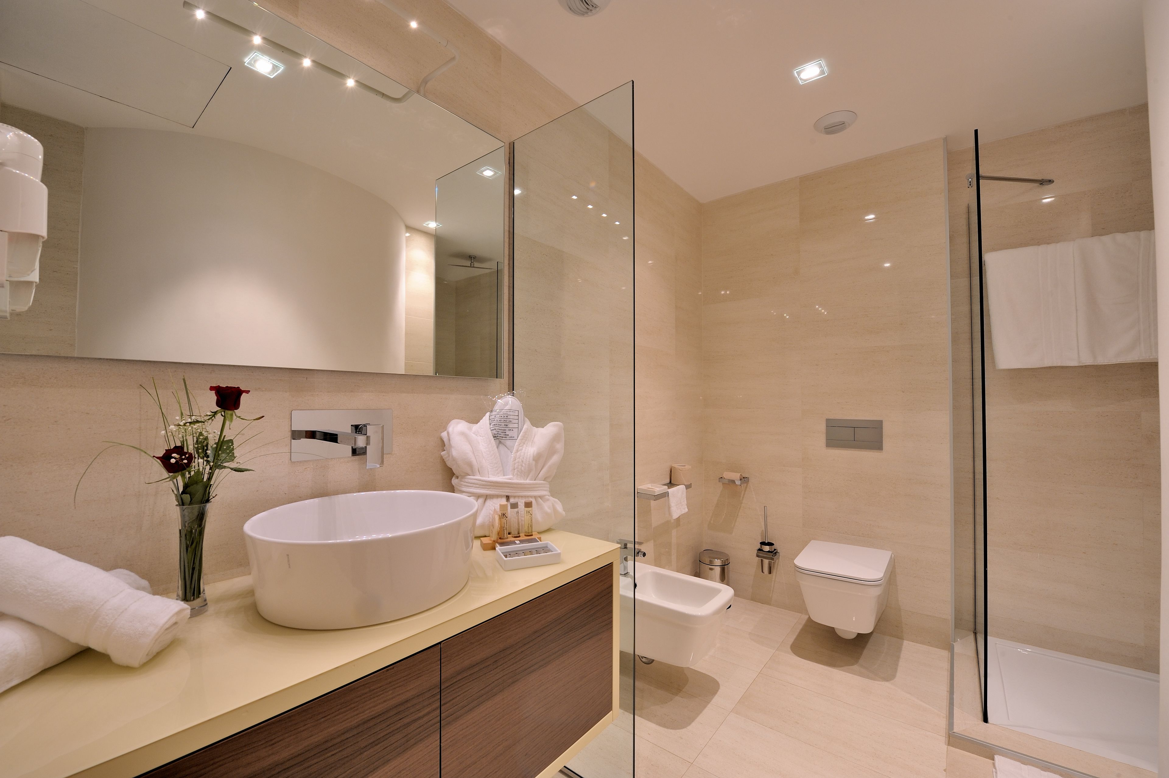 shower, hydromassage showerhead, free toiletries, hair dryer