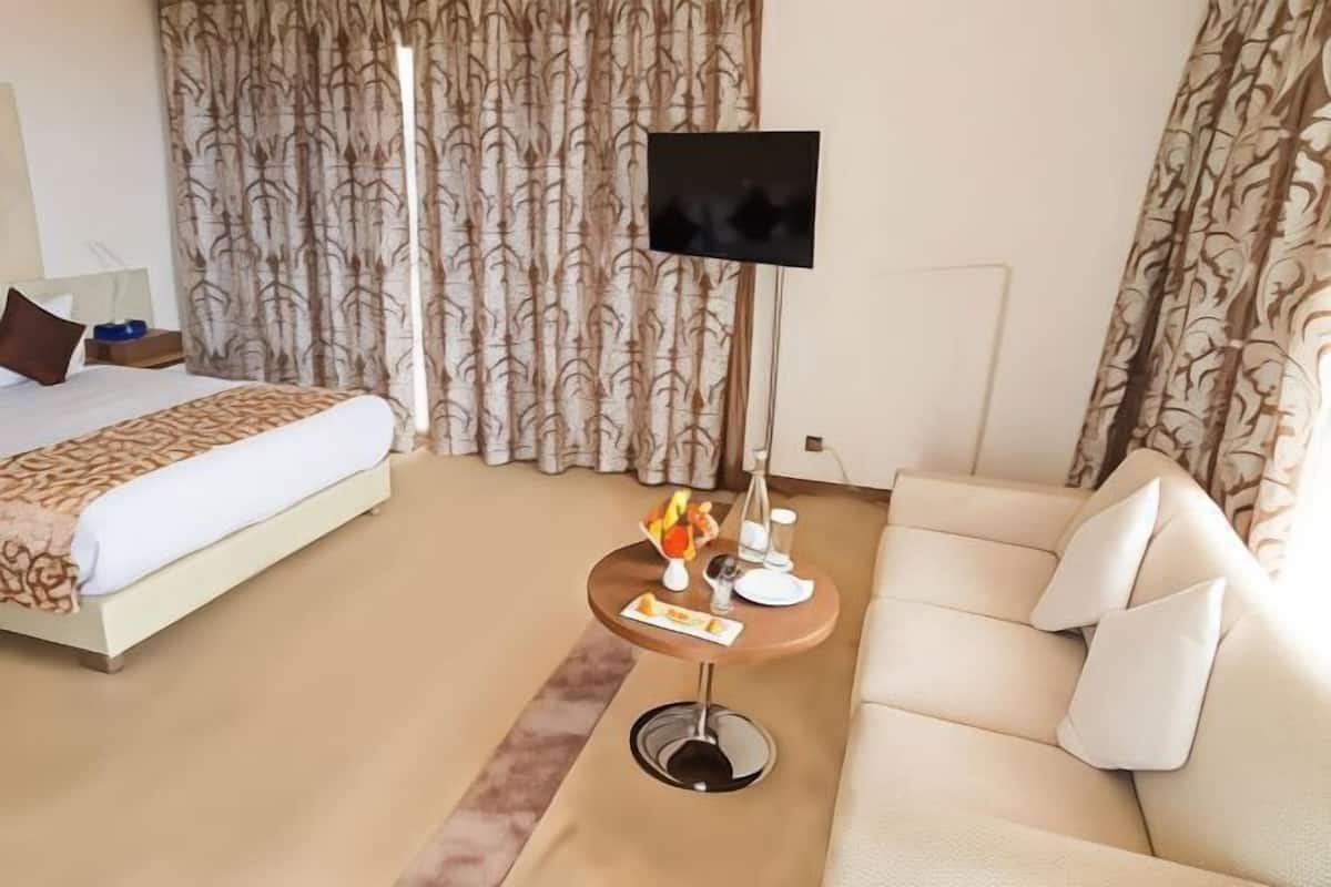 Une chambre d’hôtel avec un lit, un canapé, une petite table avec un téléviseur et des rideaux.