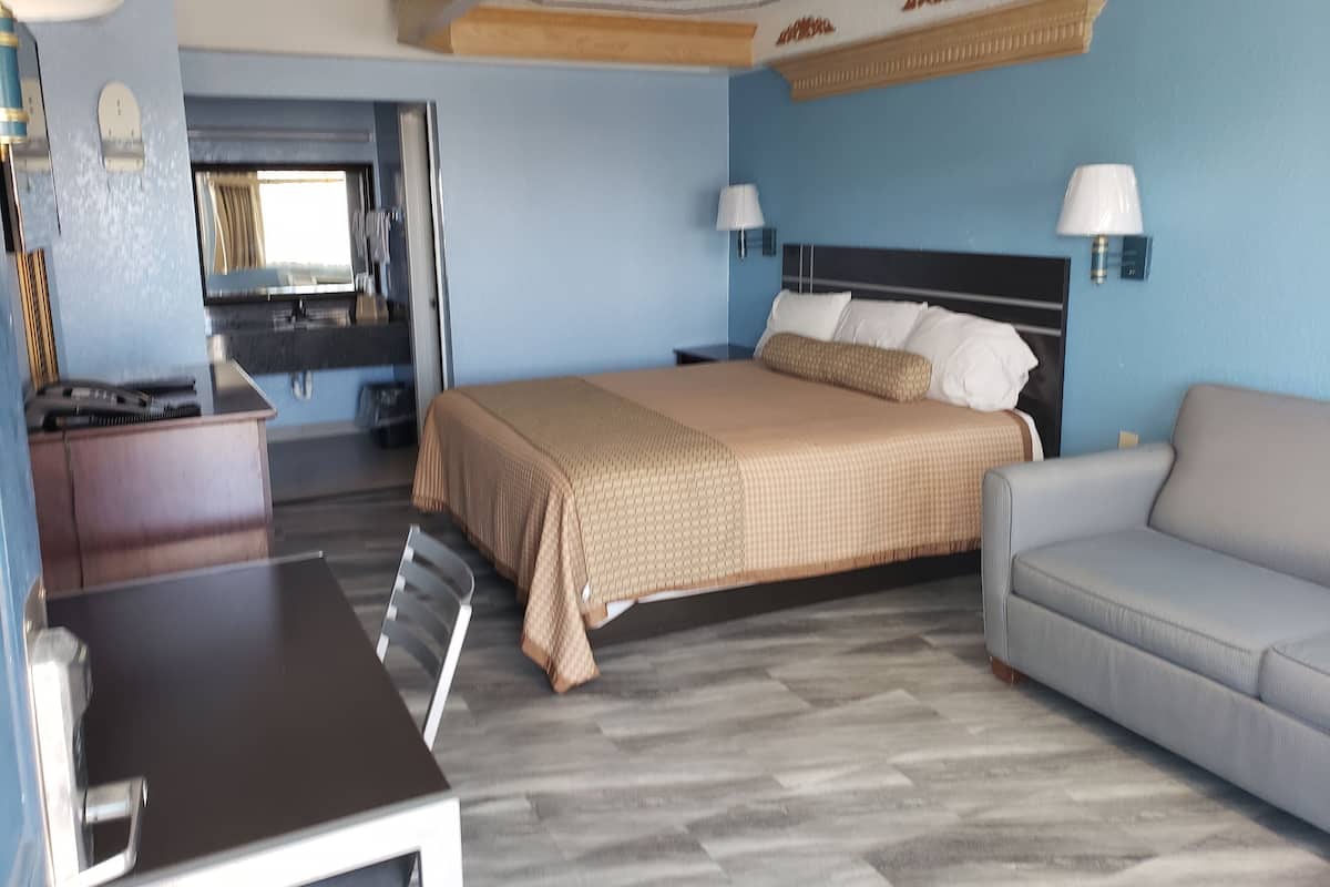 A hotel room with a bed, a sofa, a desk, and a mirror.