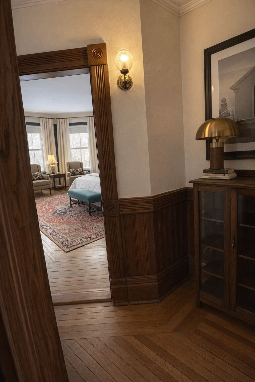 A hotel room with a wooden floor, a large bed, a sitting area with two chairs, a small table, and a lamp.