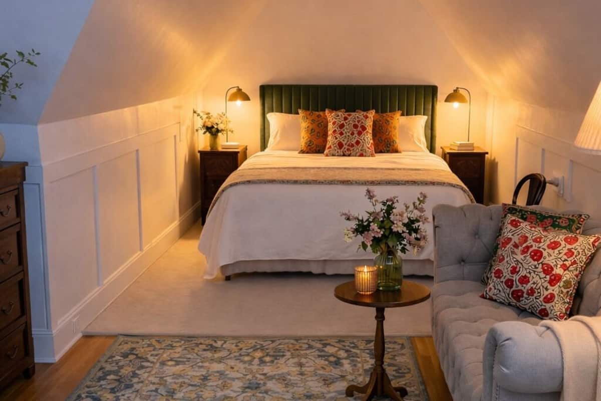 Une chambre à coucher avec un lit, des lampes de chevet, une petite table avec une bougie, un canapé et un tapis à motifs.