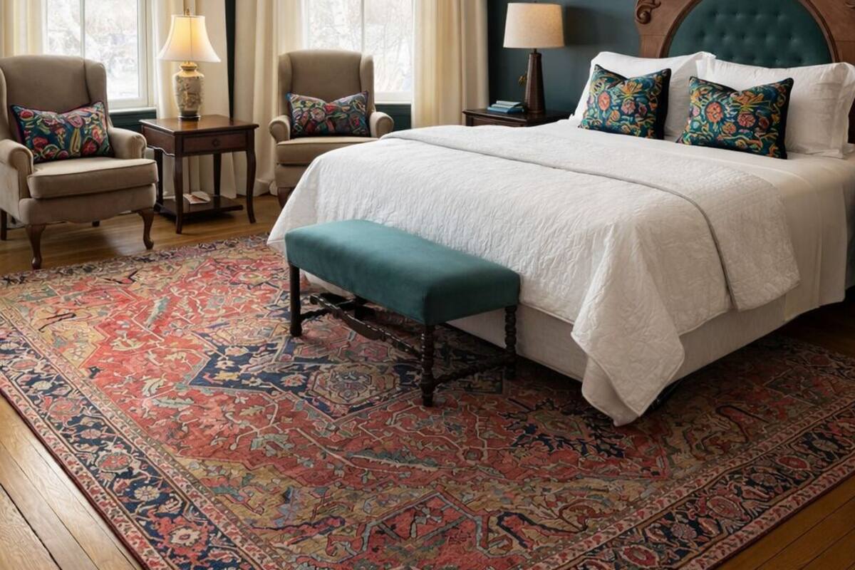 Une chambre spacieuse avec un grand lit, deux fauteuils, un banc et un tapis à motifs.