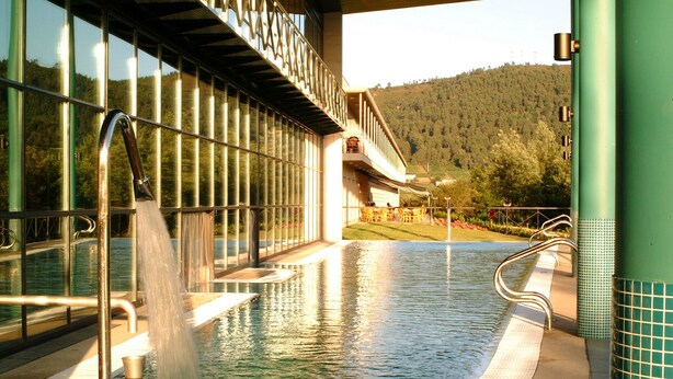Un espace piscine agrémenté d’une cascade, une structure entièrement vitrée et une vue sur une colline boisée.