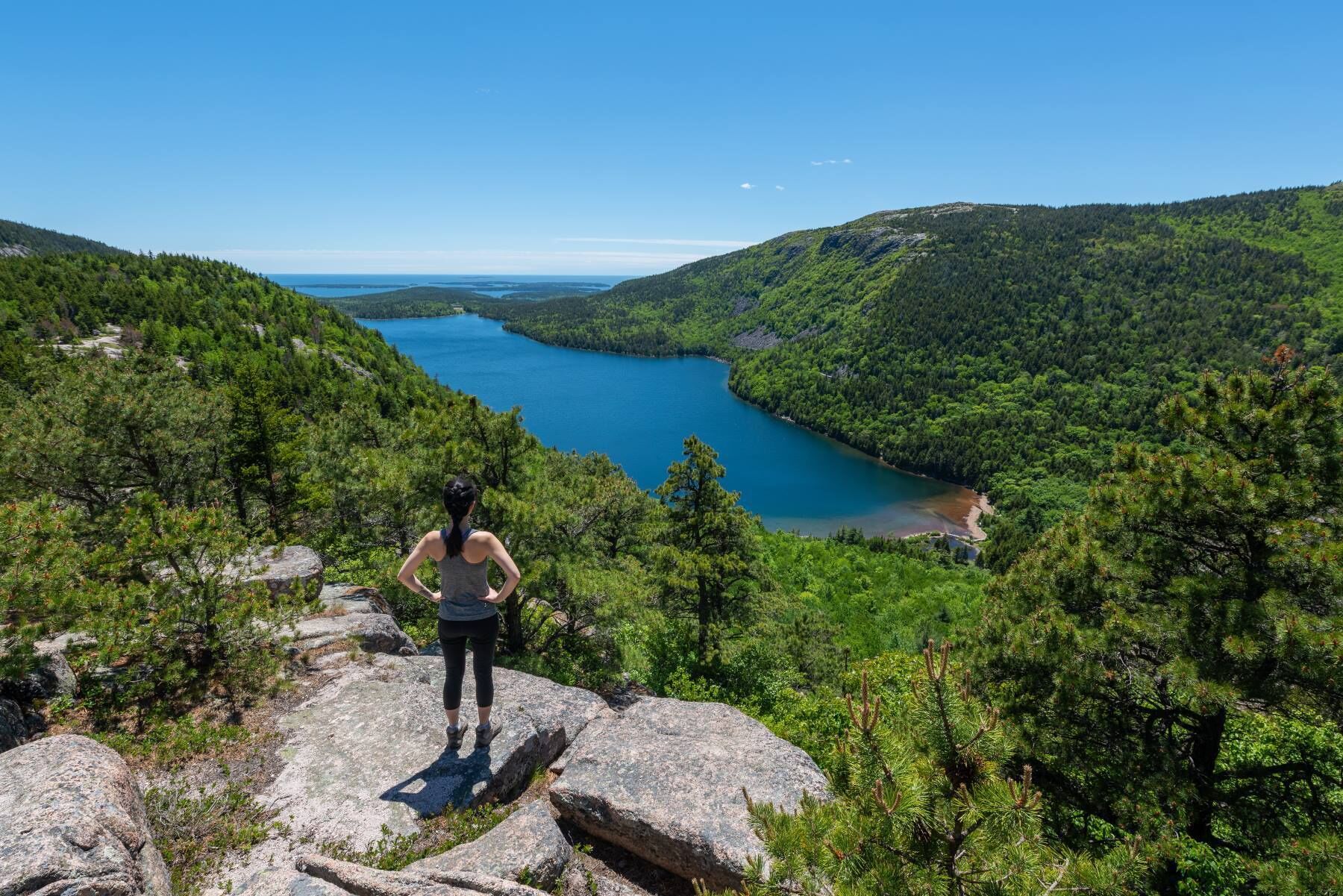 Una mujer de pie sobre una roca contemplando un lago rodeado de bosque.