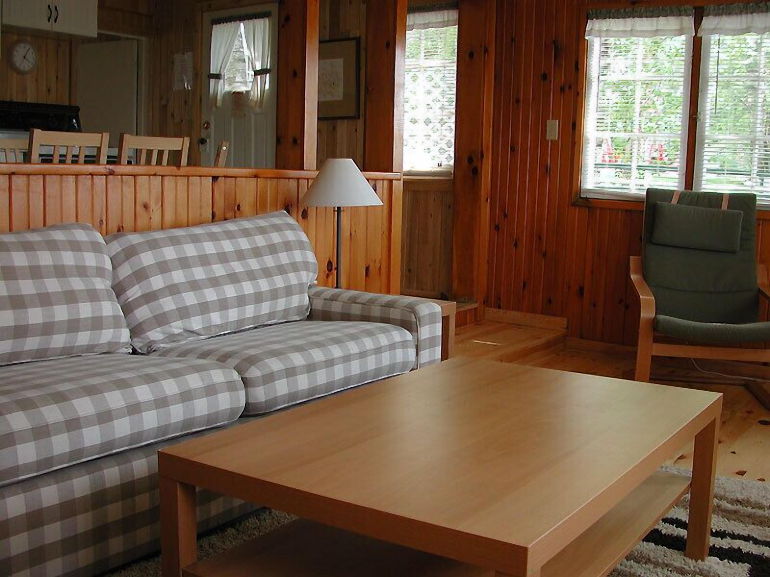 A cozy living room with a checkered sofa, a wooden coffee table, and a green armchair.