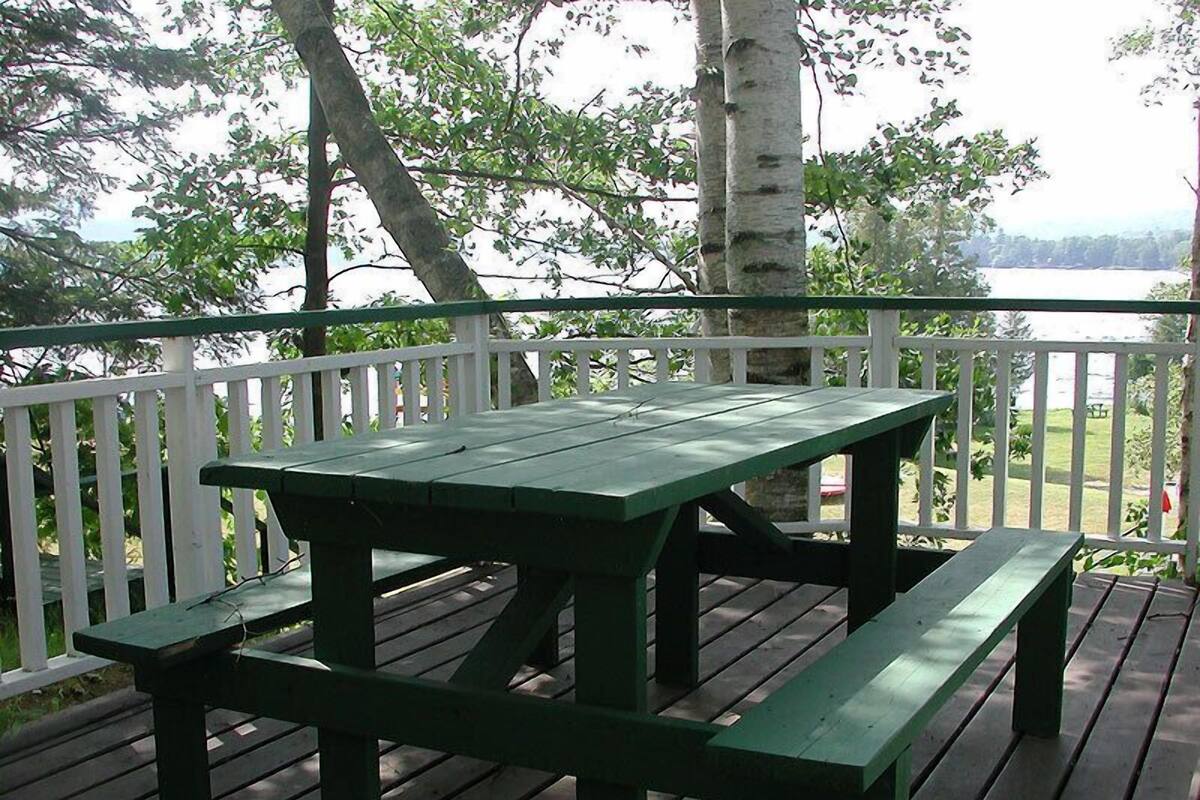 A green picnic table with benches on a wooden deck, surrounded by white railings and trees.