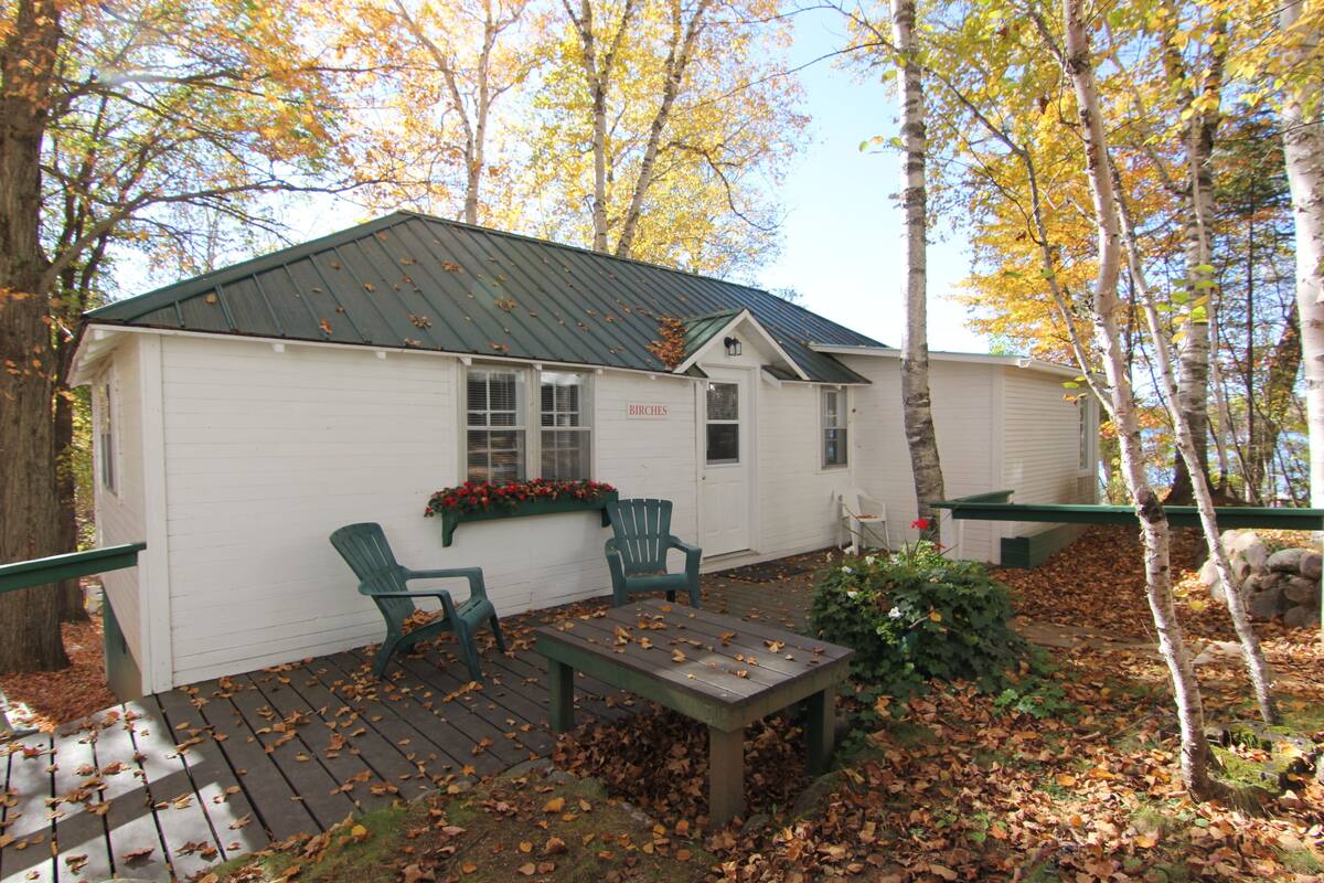A white building with a green roof, two green Adirondack chairs, and a wooden table on a wooden deck surrounded by fallen leaves.