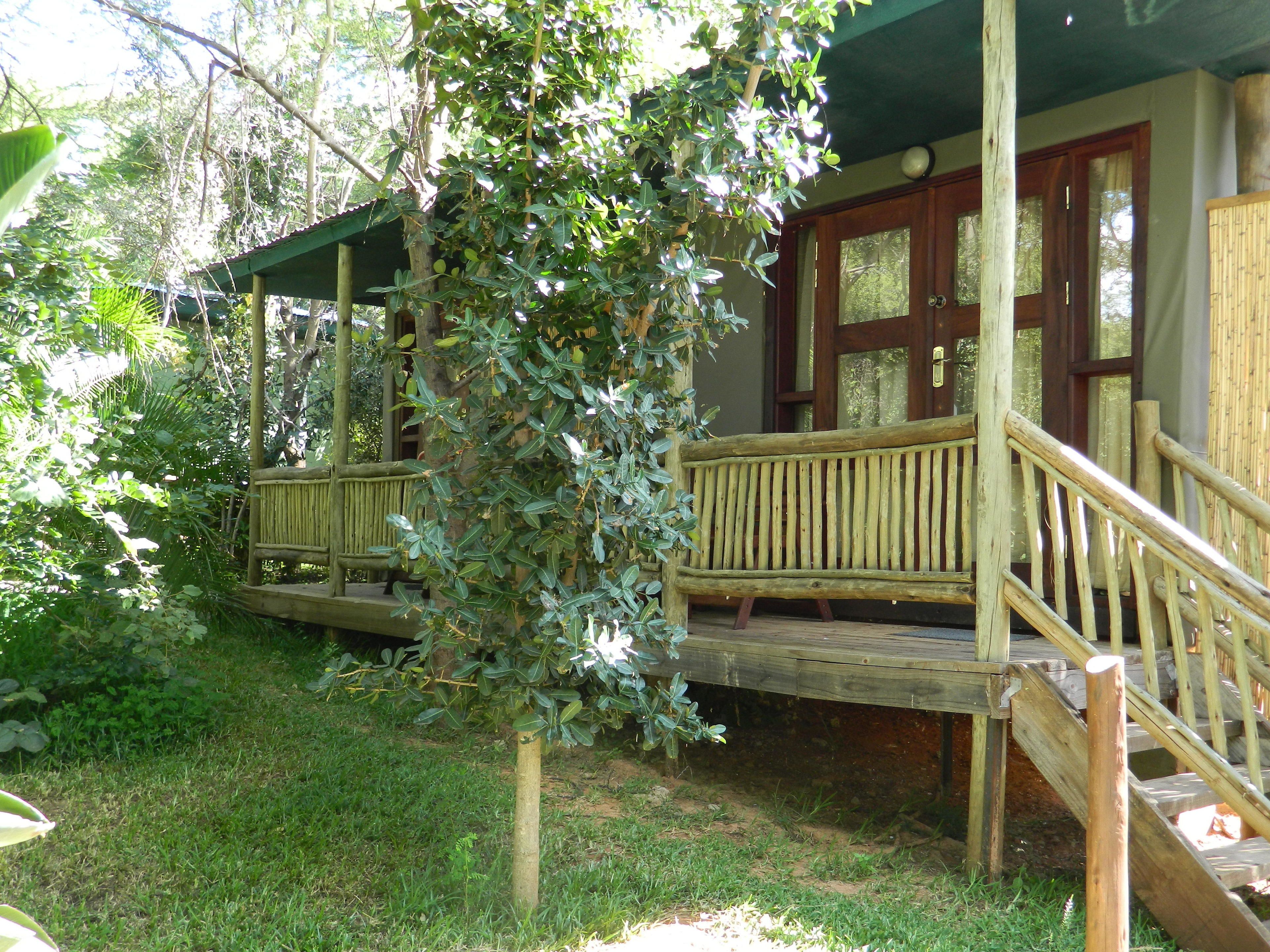Une cabane en bois avec un porche, un escalier et un arbre devant.