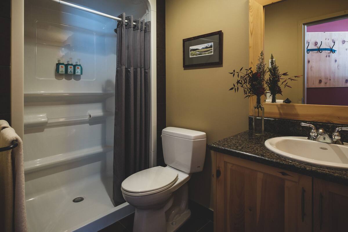 shower, free toiletries, slippers, towels