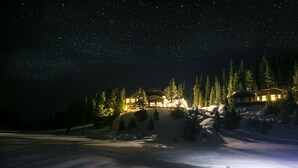Paisaje nevado con un edificio iluminado por luces cálidas, rodeado de árboles y un cielo nocturno estrellado.