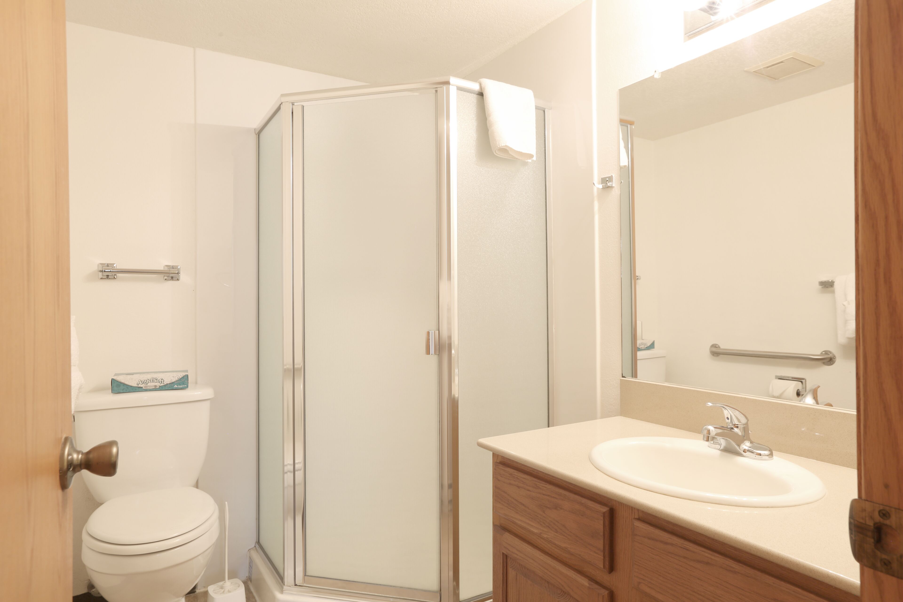 A bathroom with a toilet, a glass shower enclosure, a sink, and a mirror.