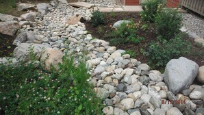 A garden with a stone pathway leading to a wooden cabin.
