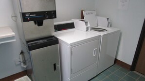 Un espace buanderie compact équipé d’un distributeur de glaçons, d’un lave-linge à chargement frontal et d’un distributeur d’essuie-tout.