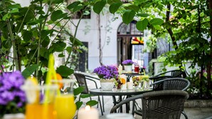 An outdoor dining area with wicker chairs, a table set with a candle, a vase of purple flowers, and a glass of orange juice. - Platinia Apartments (Kraków)