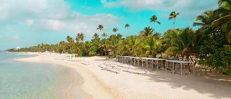 A beach with white sand, palm trees, and clear blue water.