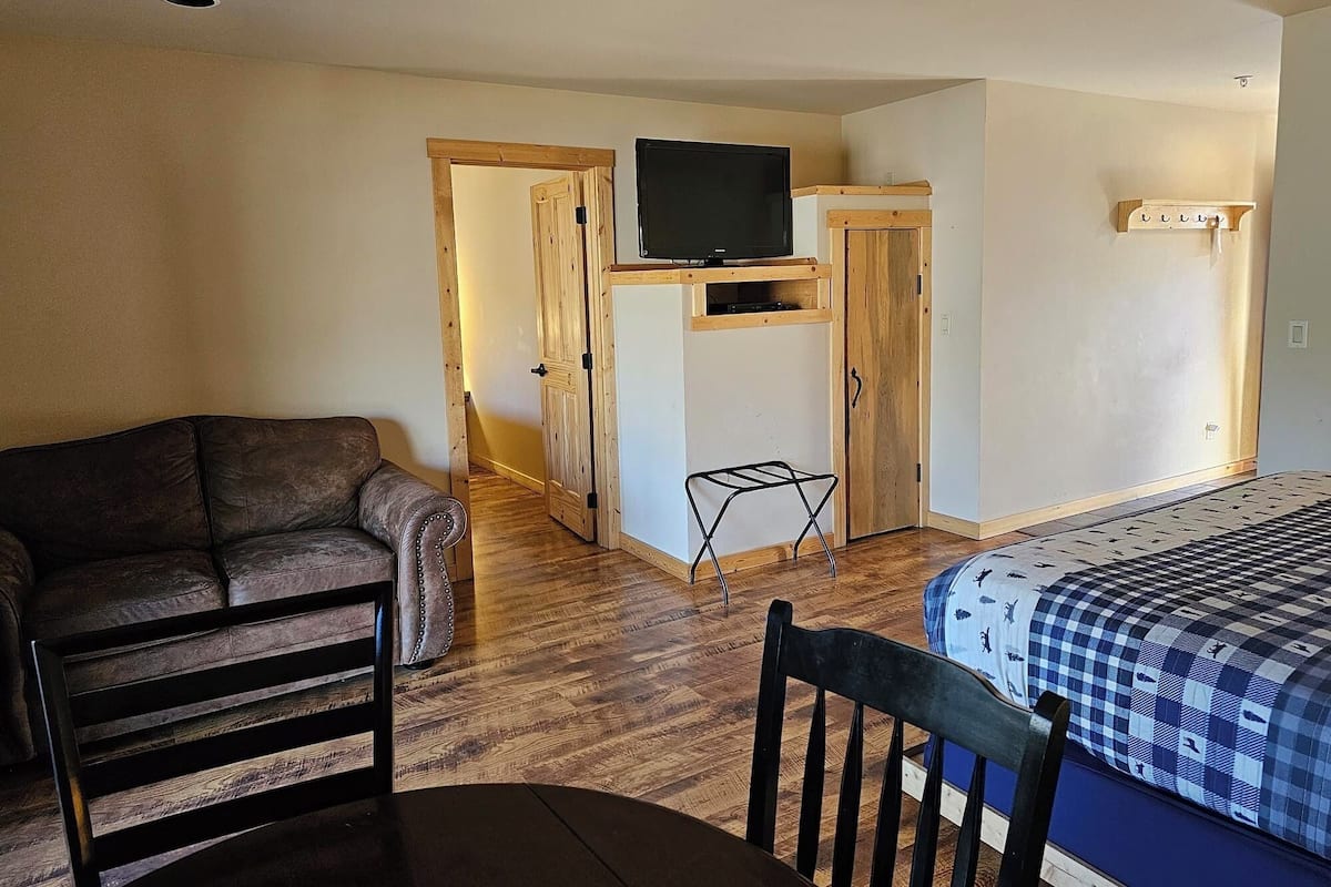 A room with a sofa, a chair, a bed with a checkered duvet, a television on a wooden shelf, and a small table.