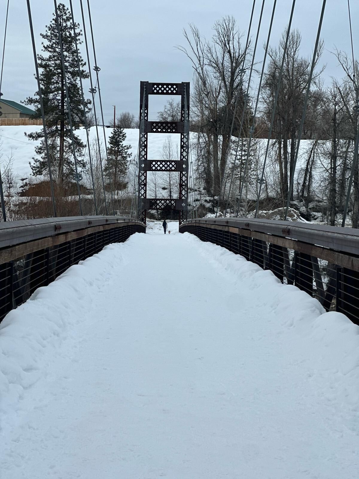 Un puente peatonal cubierto de nieve con diseño de celosía, rodeado de árboles y un edificio al fondo.