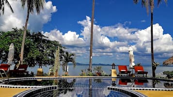 Outdoor pool, pool umbrellas, pool loungers