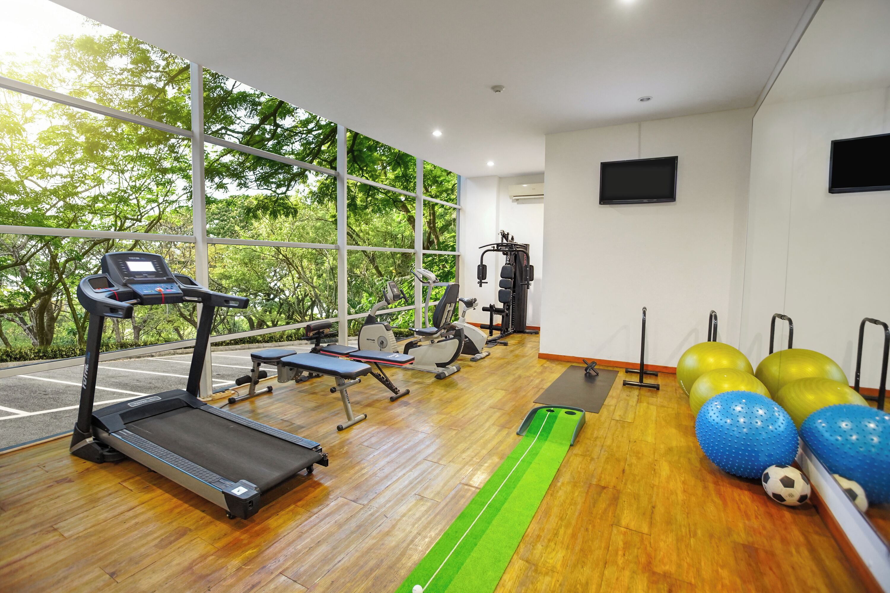 Un gimnasio con cinta de correr, bicicleta estática, pesas y pelotas de ejercicios.