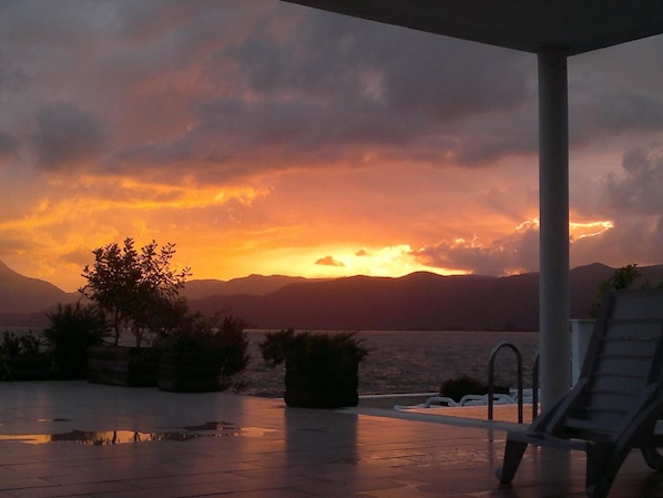 Outdoor pool, pool umbrellas, pool loungers