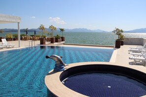 Outdoor pool, pool umbrellas, pool loungers