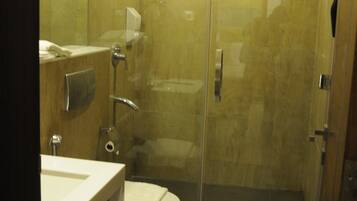 A glass-enclosed shower stall with a toilet and a sink.