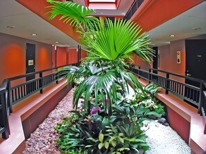 A corridor with a central planter with various plants and a palm tree, flanked by red walls and a black railing.